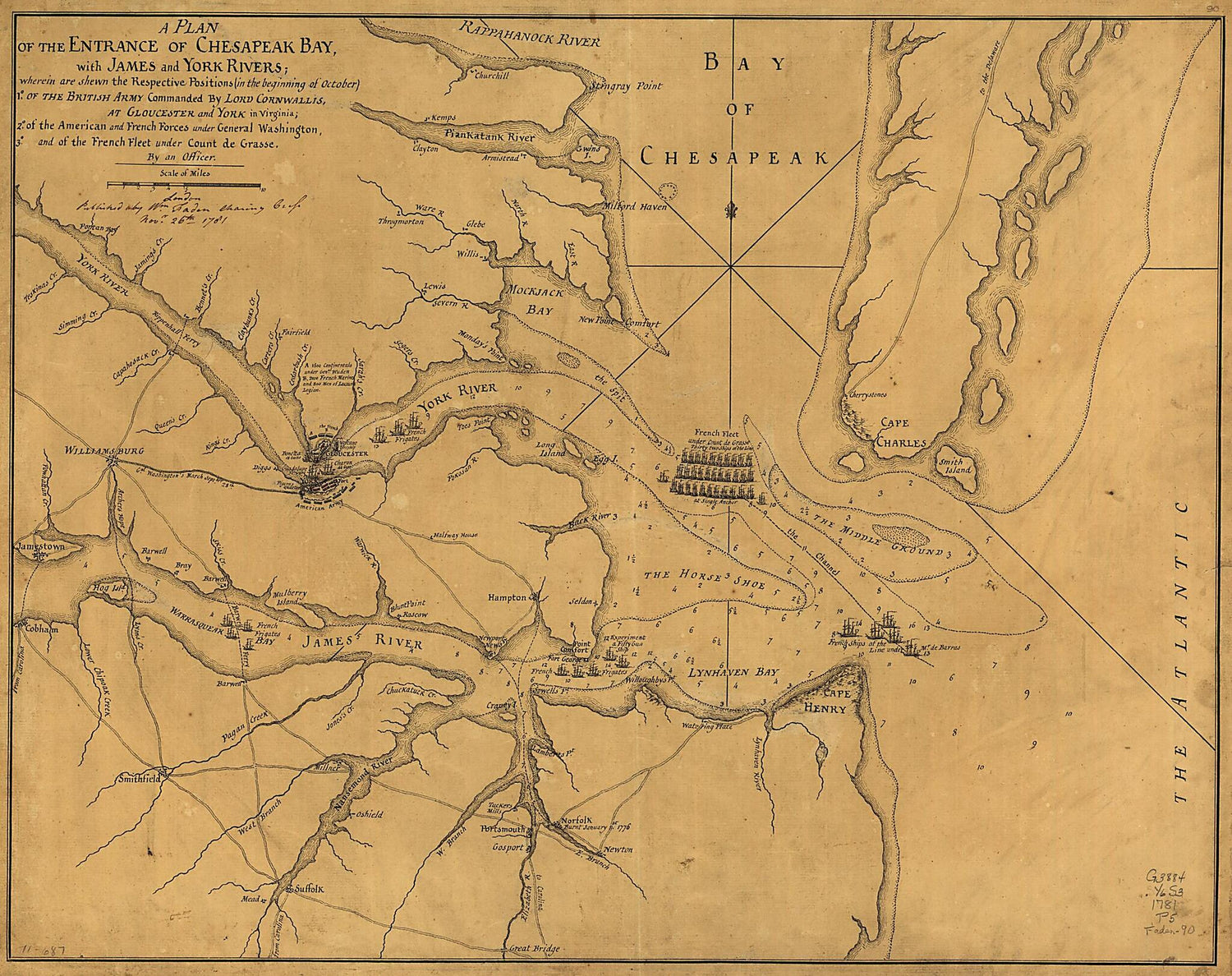 This old map of A Plan of the Entrance of Chesapeak sic Bay, With James and York Rivers; Wherein Are Shewn the Respective Positions (in the Beginning of October) 1. of the British Army Commanded by Lord Cornwallis, at Gloucester and York In Virginia; 2. 