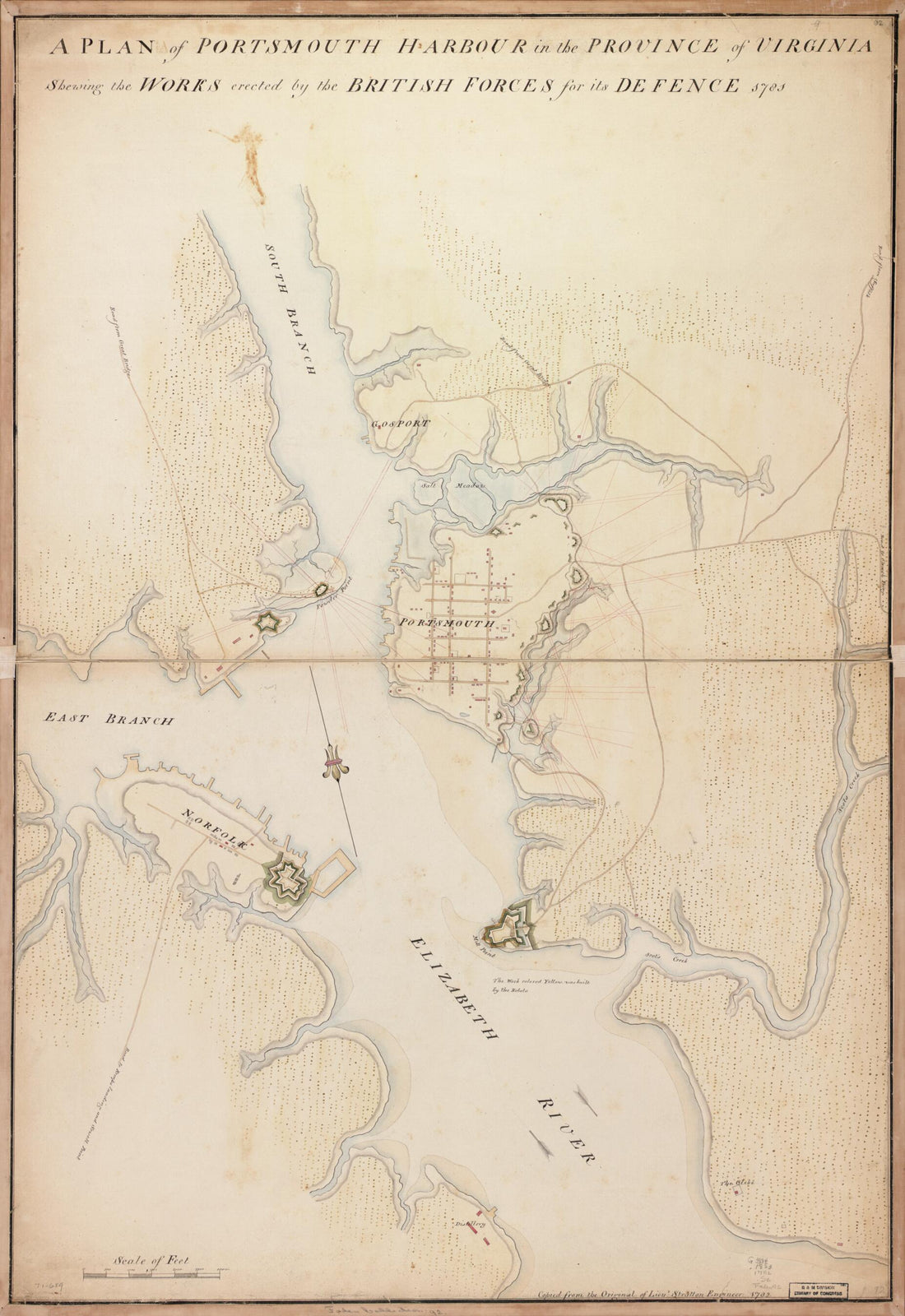 This old map of A Plan of Portsmouth Harbour In the Province of Virginia Shewing the Works Erected by the British Forces for Its Defence, 1781 from 1782 was created by James Stratton in 1782