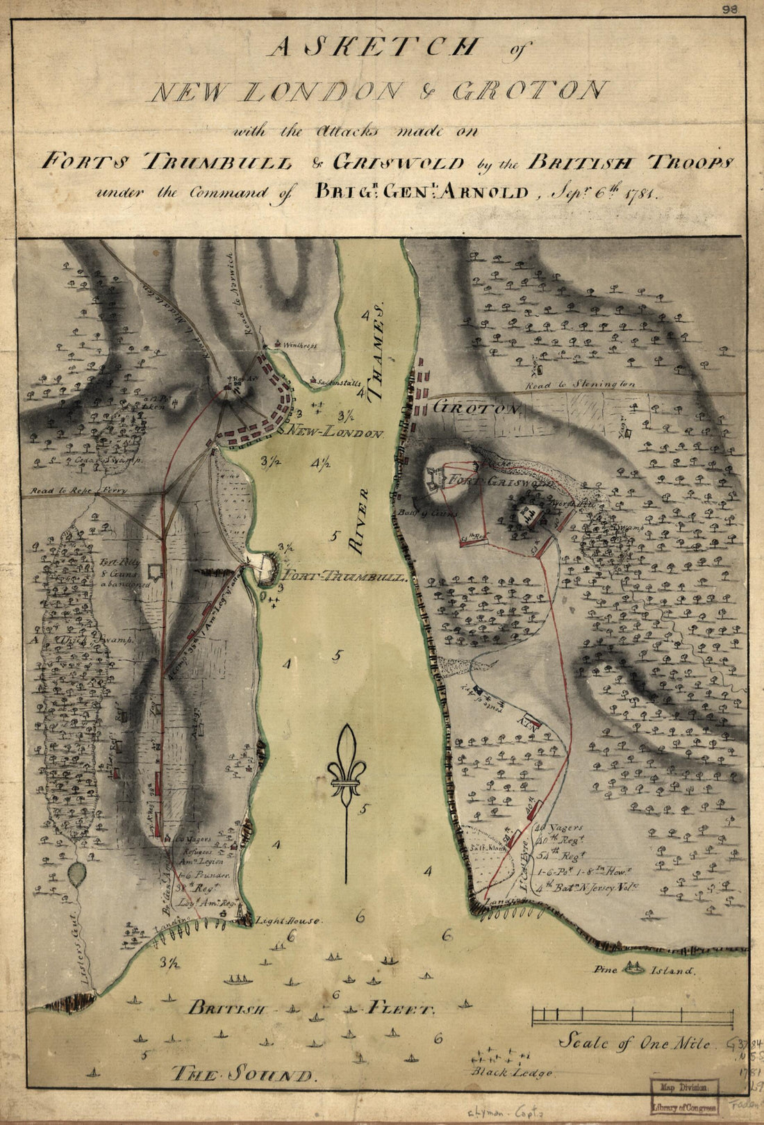 This old map of A Sketch of New London &amp; Groton With the Attacks Made On Forts Trumbull &amp; Griswold by the British Troops Under the Command of Brigr. Genl. Arnold, Sept. 6th. from 1781 was created by Daniel Lyman in 1781