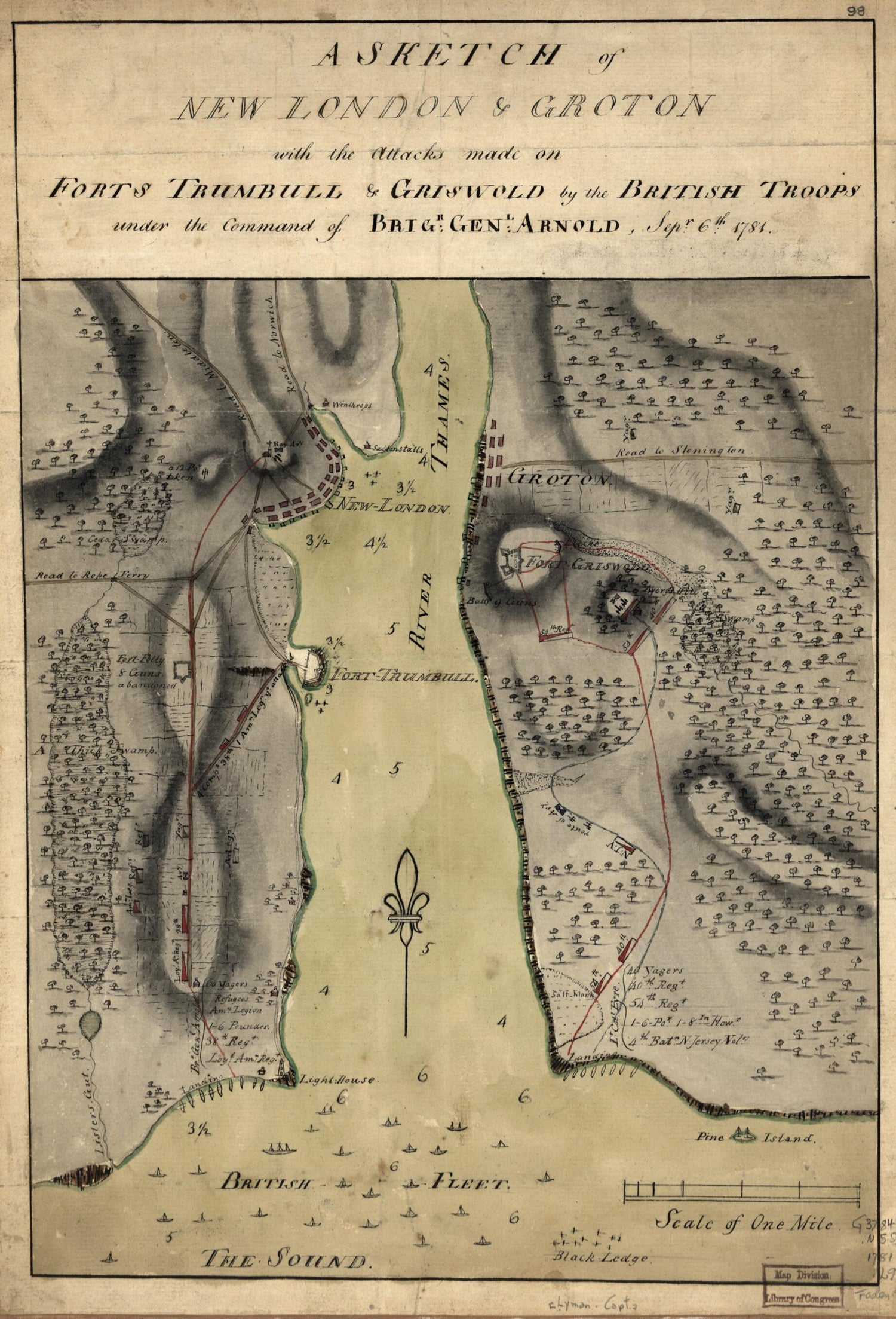 This old map of A Sketch of New London &amp; Groton With the Attacks Made On Forts Trumbull &amp; Griswold by the British Troops Under the Command of Brigr. Genl. Arnold, Sept. 6th. from 1781 was created by Daniel Lyman in 1781