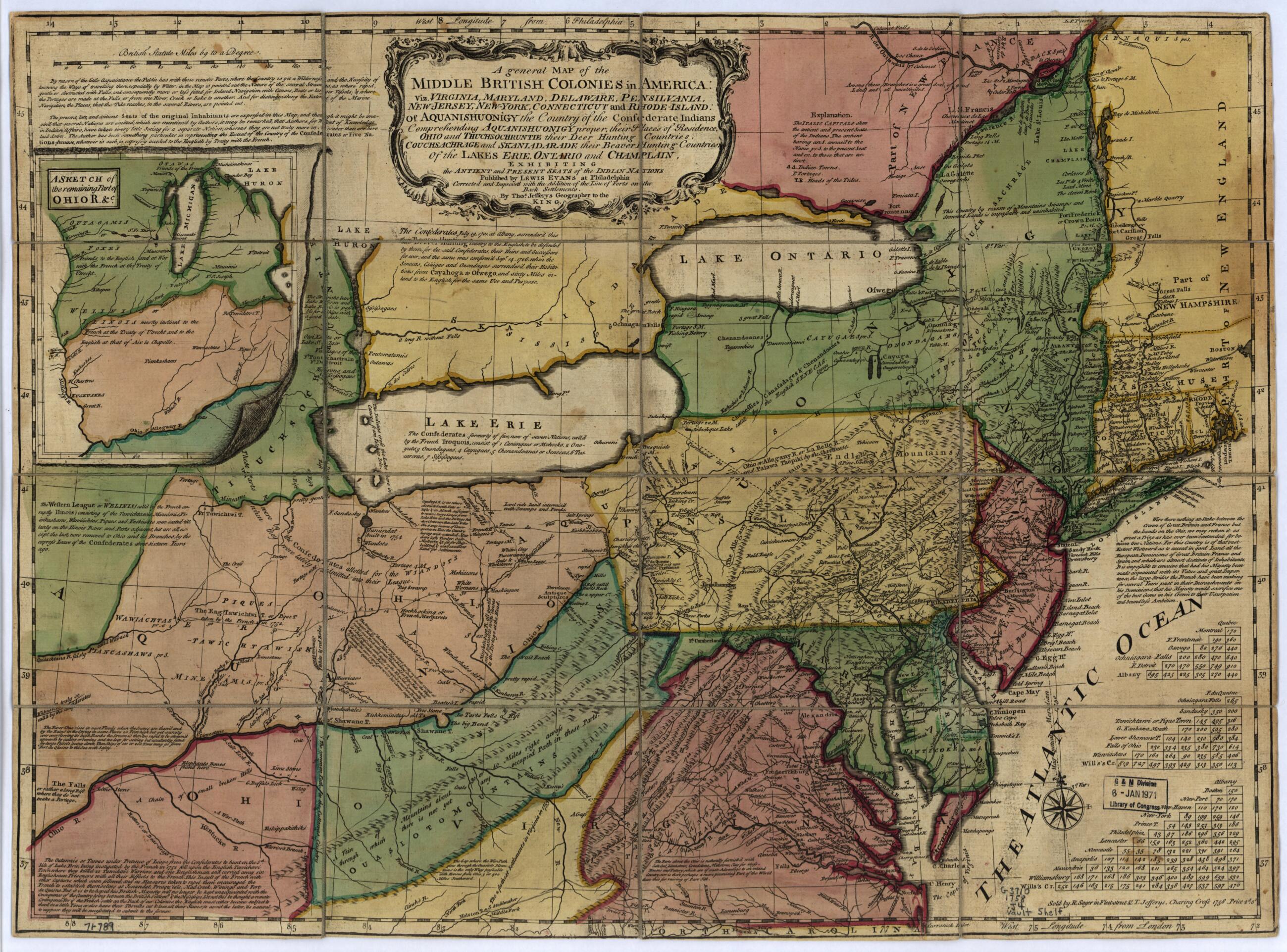 This old map of Jersey, New-York, Connecticut, and Rhode-Island: of Aquanishuonîgy the Country of the Confederate Indians Comprehending Aquanishuonigy Proper, Their Places of Residence, Ohio and Tuchsochruntie Their Deer Hunting Countries, Couchsachrage