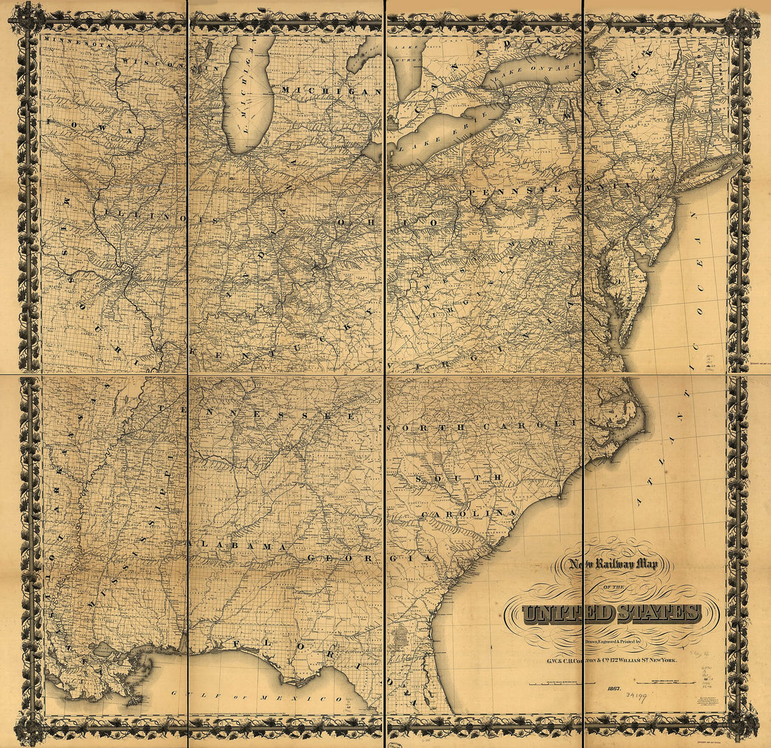 This old map of New Railway Map of the United States from 1867 was created by  G.W. &amp; C.B. Colton &amp; Co in 1867