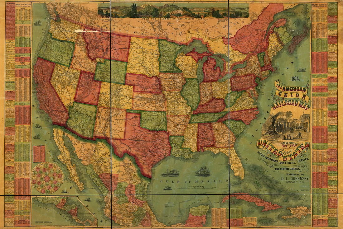 This old map of The American Union Railroad Map of the United States, British Possessions. West Indies, Mexico, and Central America from 1874 was created by Darius L. Guernsey in 1874