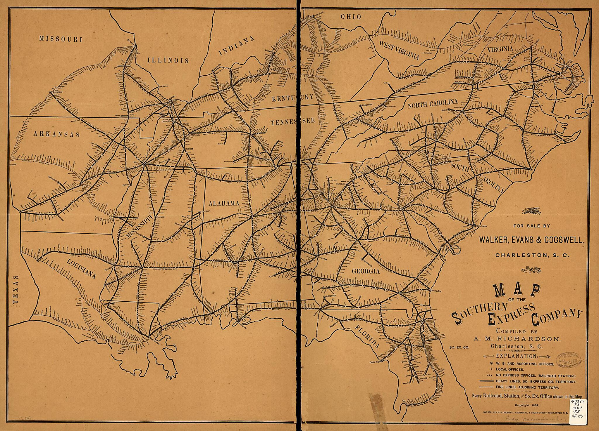 This old map of Map of the Southern Express Company from 1884 was created by Alfred M. Richardson, Evans &amp; Cogswell Walker in 1884