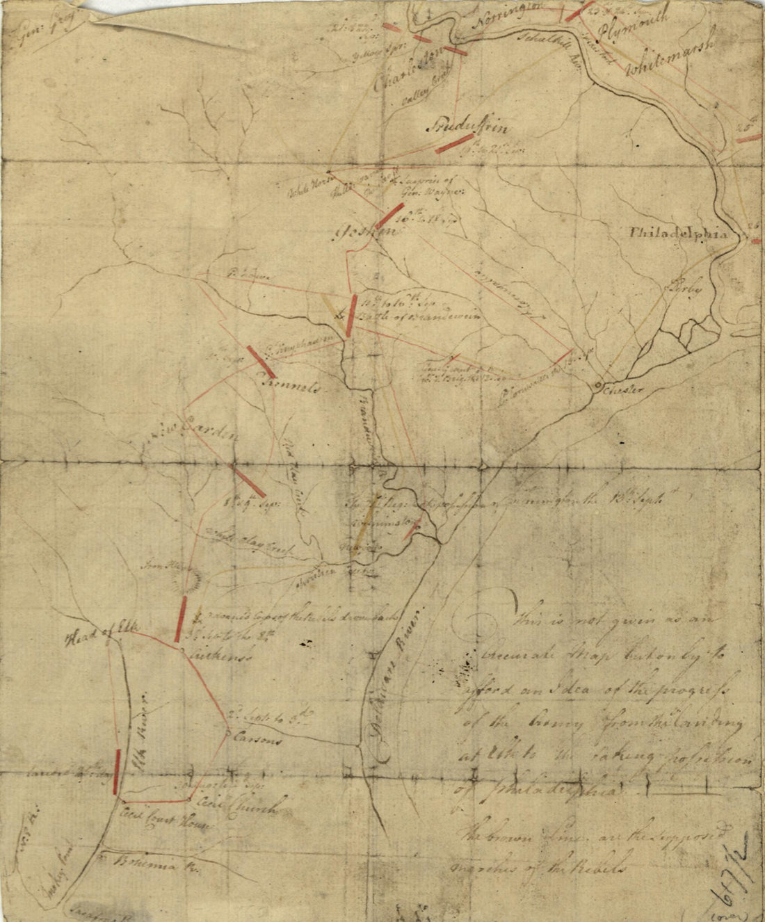This old map of This Is Not Given As an Accurate Map, but Only to Afford an Idea of the Progress of the Army from the Landing at Elk to the Taking of Possession of Philadelphia. the Brown Lines Are the Supposed Marches of the Rebels from 1777 was created