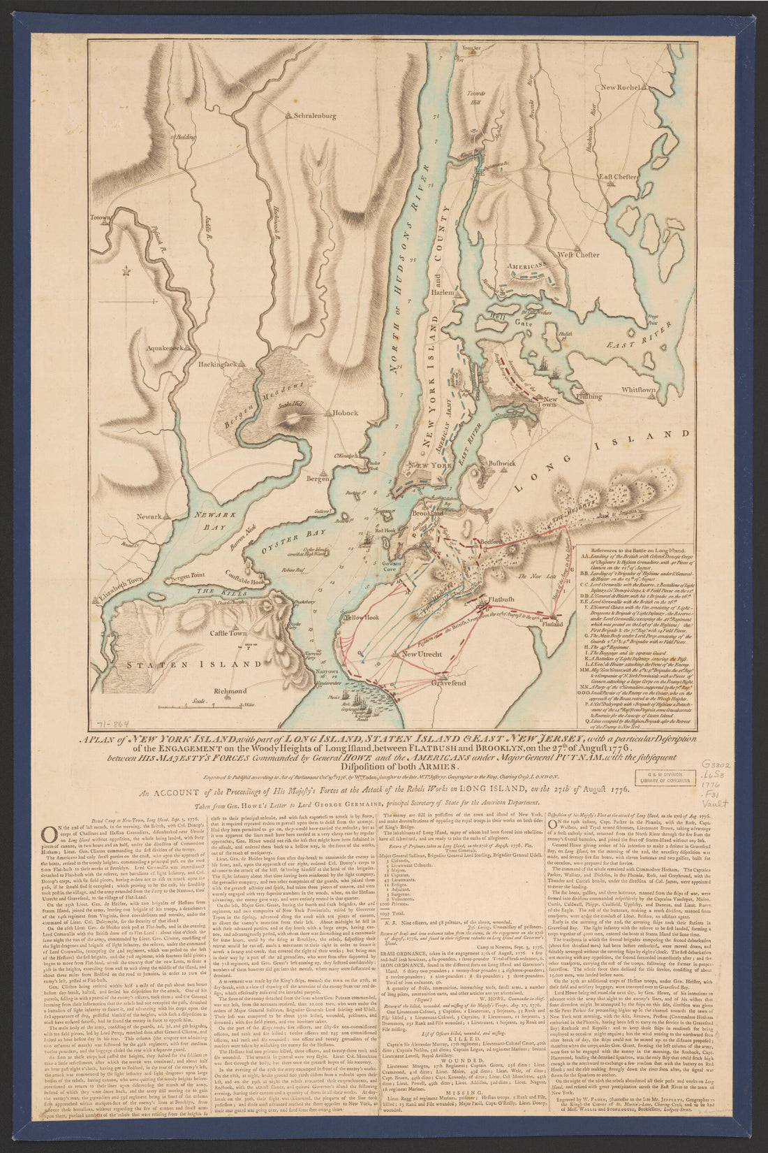 This old map of A Plan of New York Island, With Part of Long Island, Staten Island &amp; East New Jersey, With a Particular Description of the Engagement On the Woody Heights of Long Island, Between Flatbush and Brooklyn, On the 27th of August from 1776 Betw