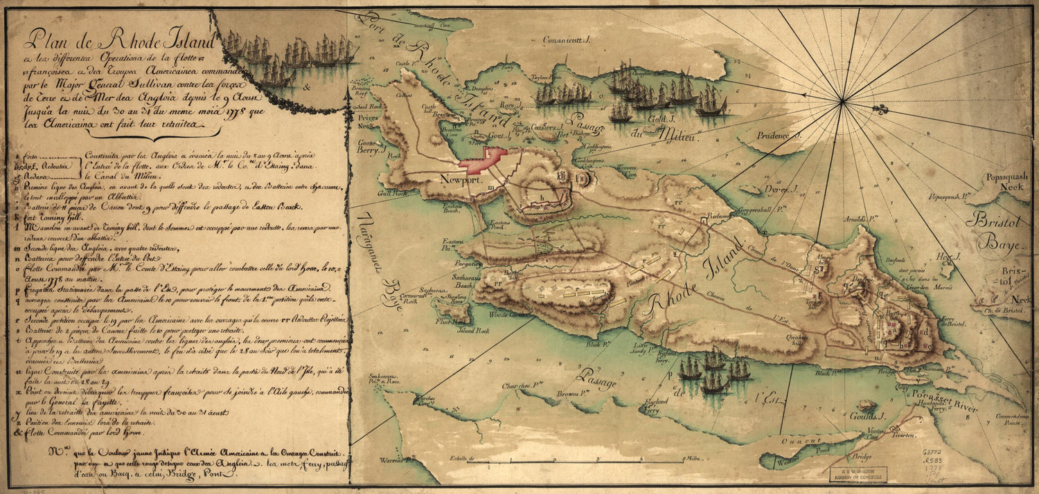 This old map of Françoises Et Des Troupes Americaines Commandées Par Le Major General Sullivan Contre Les Forçes De Terre Et De Mer Des Anglois Depuis Le 9 Aoust Jusqu&