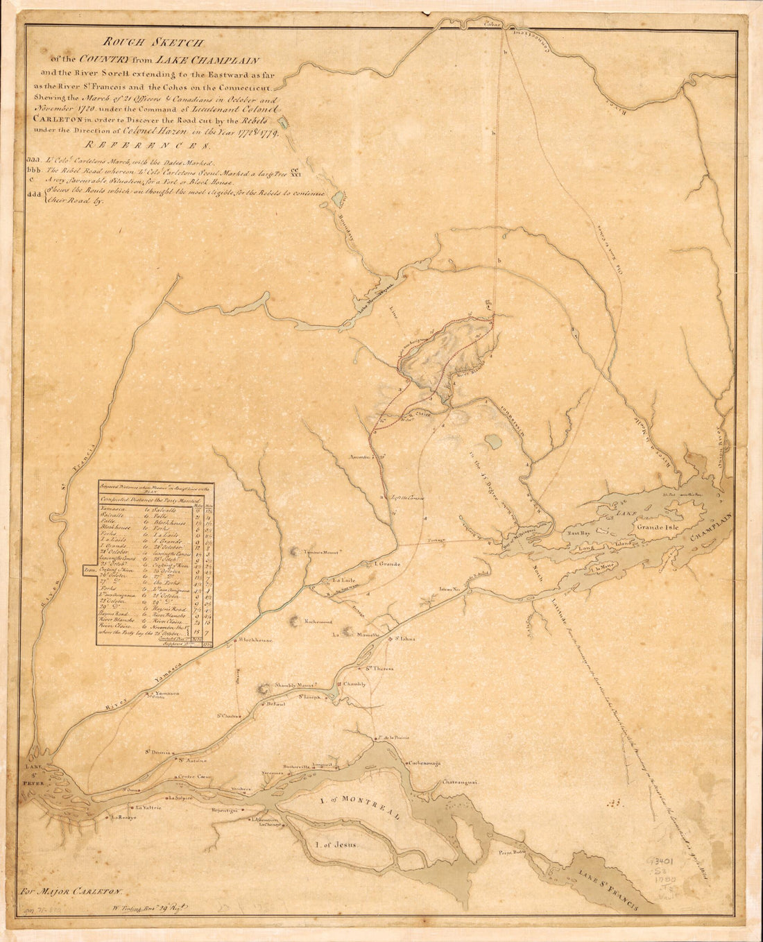 This old map of Rough Sketch of the Country from Lake Champlain and the River Sorell Extending to the Eastward As Far As the River St. Francois and the Cohos On the Connecticut, Shewing the March of 21 Officers &amp; Canadians In October and November from 1780 Under th was created by Thomas Carleton, William Tinling in 1780