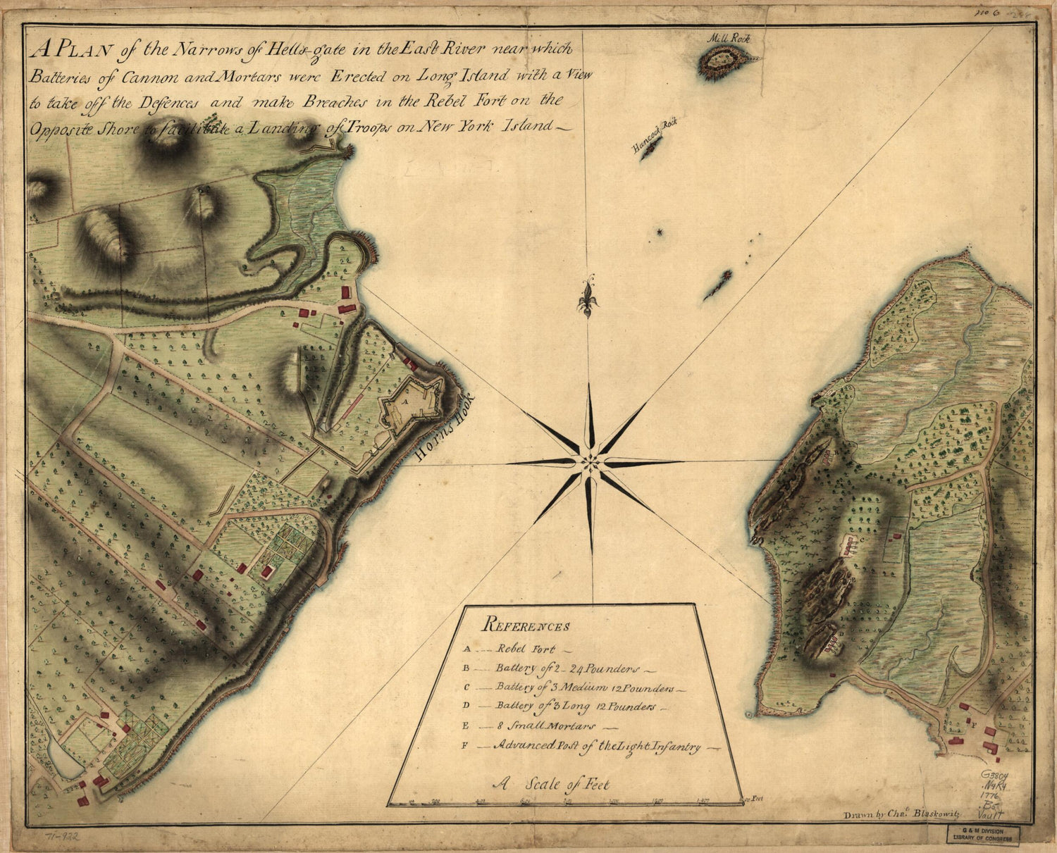 This old map of Gate In the East River, Near Which Batteries of Cannon and Mortars Were Erected On Long Island With a View to Take Off the Defences and Make Breaches In the Rebel Fort On the Opposite Shore to Facilitate a Landing of Troops On New York Is