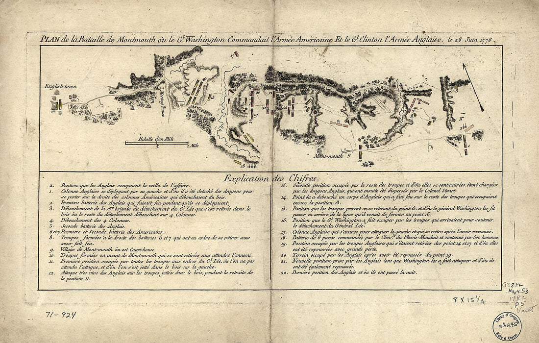 This old map of Plan De La Bataille De Montmouth Où Le Gl. Washington Commandait L&