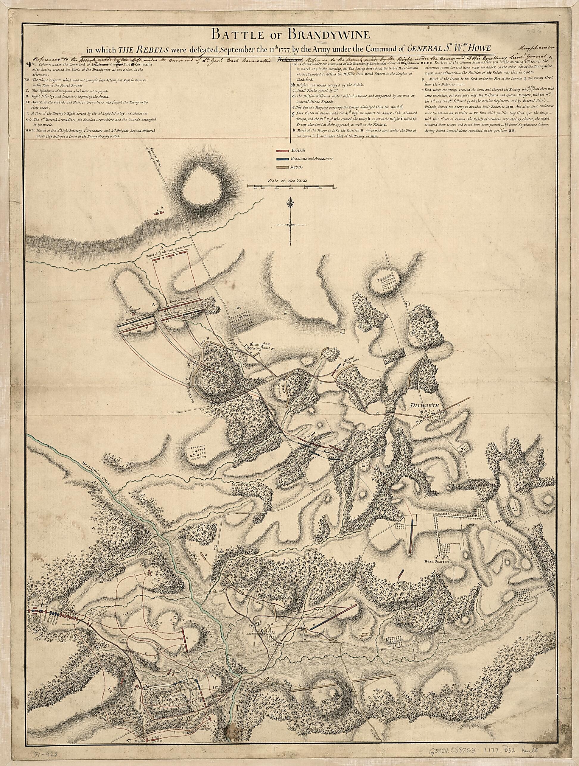 This old map of Battle of Brandywine, In Which the Rebels Were Defeated, September the 11th from 1777, by the Army Under the Command of General Sr. Wam. Howe was created by William Faden in 1777