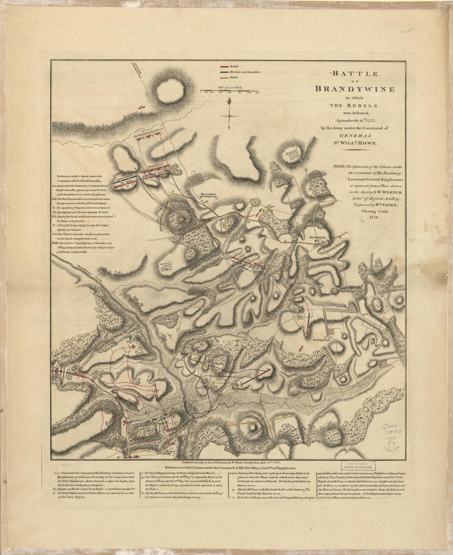 This old map of Battle of Brandywine In Which the Rebels Were Defeated, September the 11th. 1777, by the Army Under the Command of General Sr. Willm. Howe from 1778 was created by William Faden, S. W. Werner in 1778