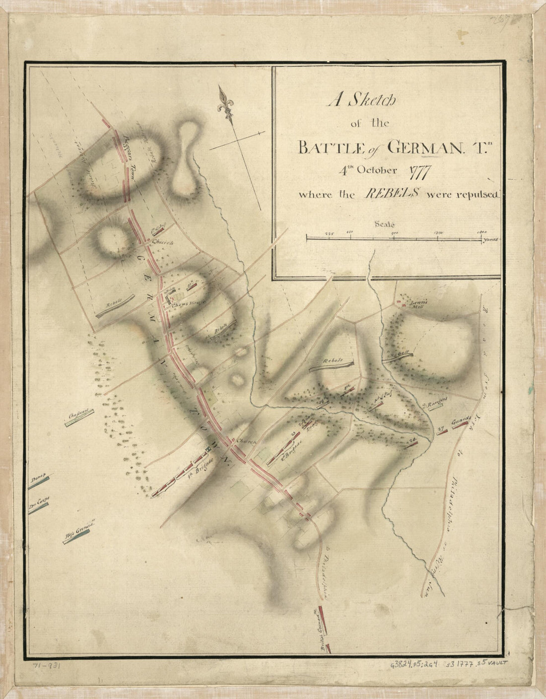 This old map of A Sketch of the Battle of German. Tn., 4th October from 1777, Where the Rebels Were Repulsed was created by John Montrésor in 1777