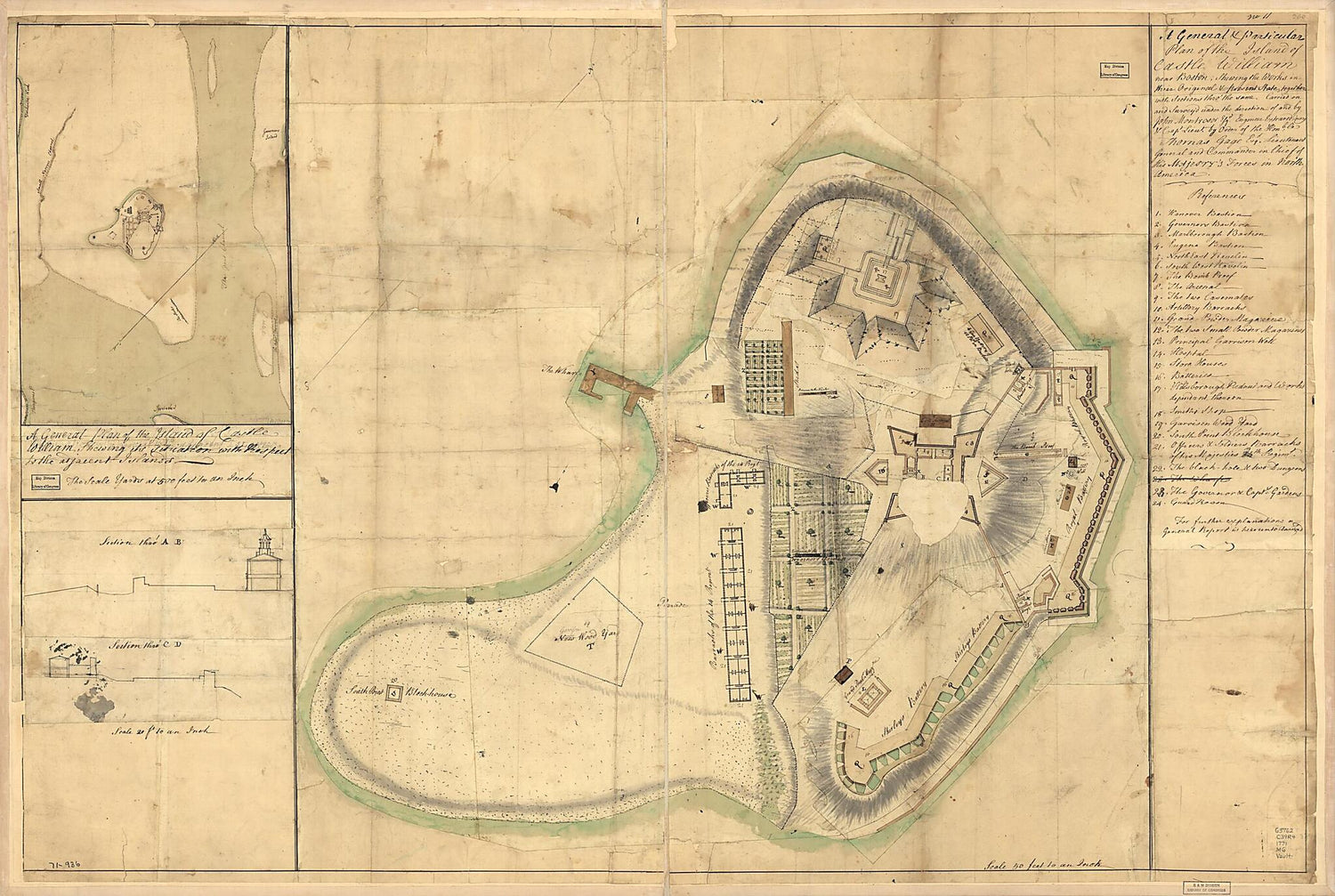 This old map of A General &amp; Particular Plan of the Island of Castle William Near Boston, Shewing the Works In Their Original &amp; Present State, Together With Sections Thro&