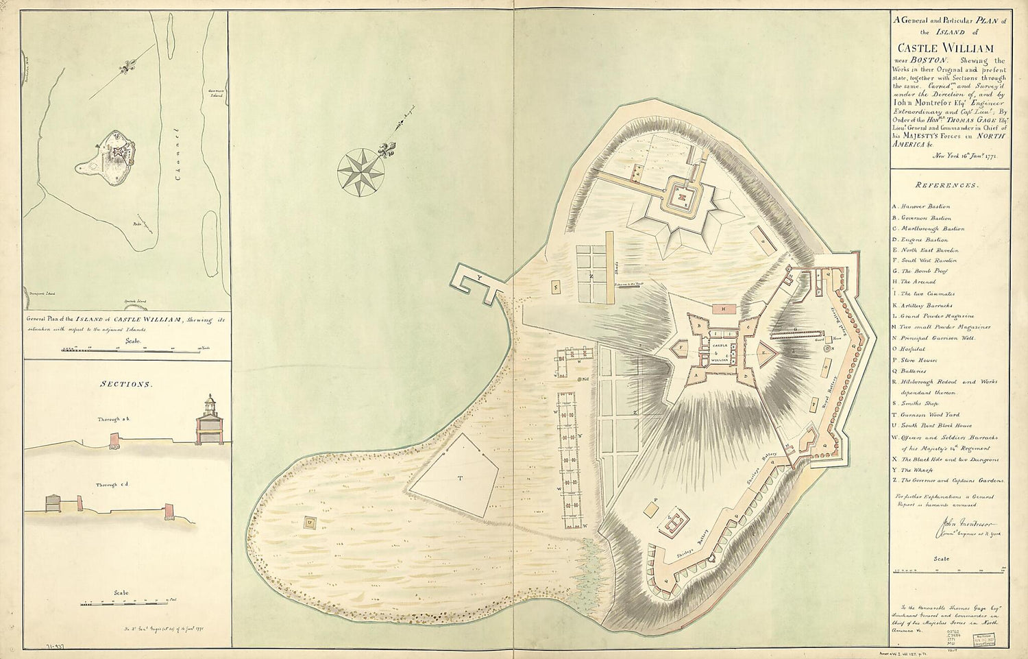 This old map of A General and Particular Plan of the Island of Castle William Near Boston. Shewing the Works In Their Original and Present State, Together With Sections Through the Same. Carried On and Survey&