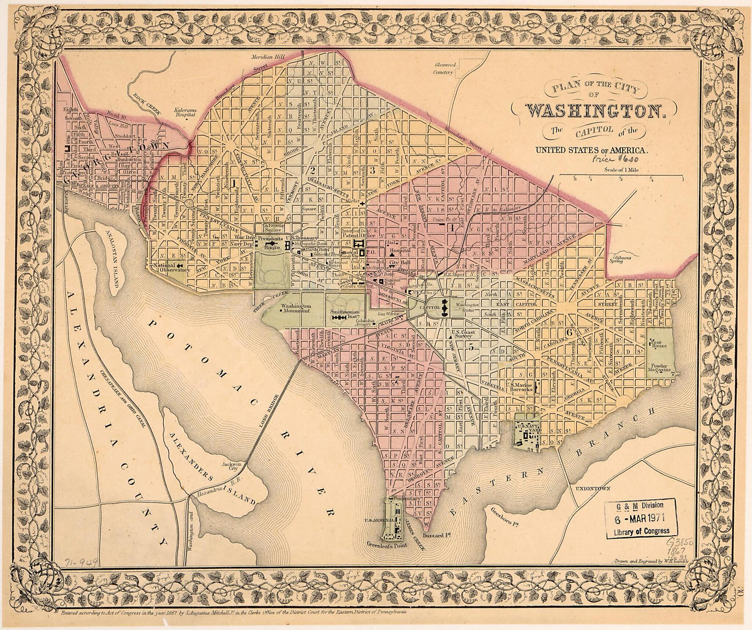 This old map of Plan of the City of Washington, the Capitol of the United States of America from 1867 was created by W. H. (William H.) Gamble, S. Augustus (Samuel Augustus) Mitchell in 1867