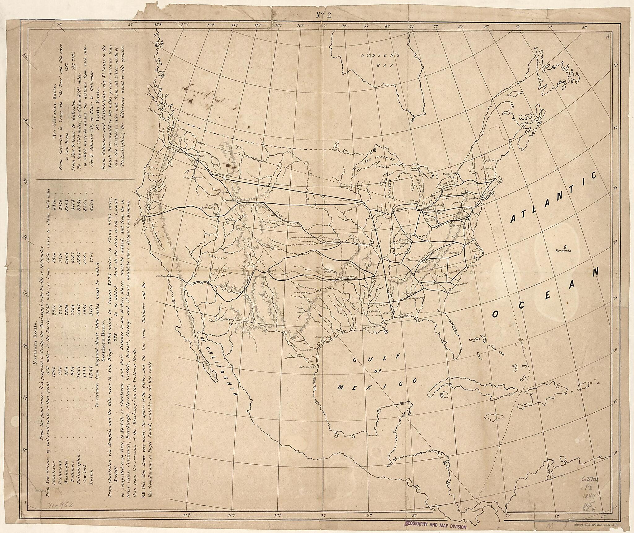 This old map of Map Without Title Showing the Railroad Route to Santa Fe and San Diego; the Central Route Through South Pass and On to San Francisco and Puget&