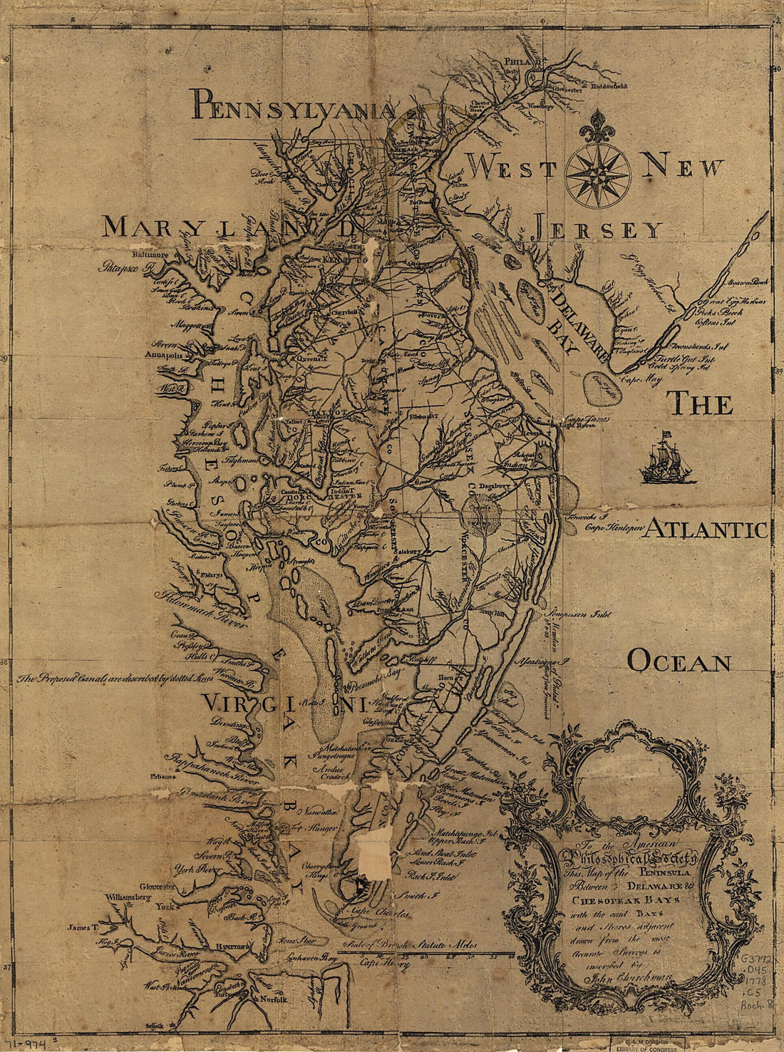 This old map of This Map of the Peninsula Between Delaware &amp; Chesopeak Bays, With the Said Bays and Shores Adjacent Drawn from the Most Accurate Surveys from 1778 was created by  American Philosophical Society, John Churchman in 1778