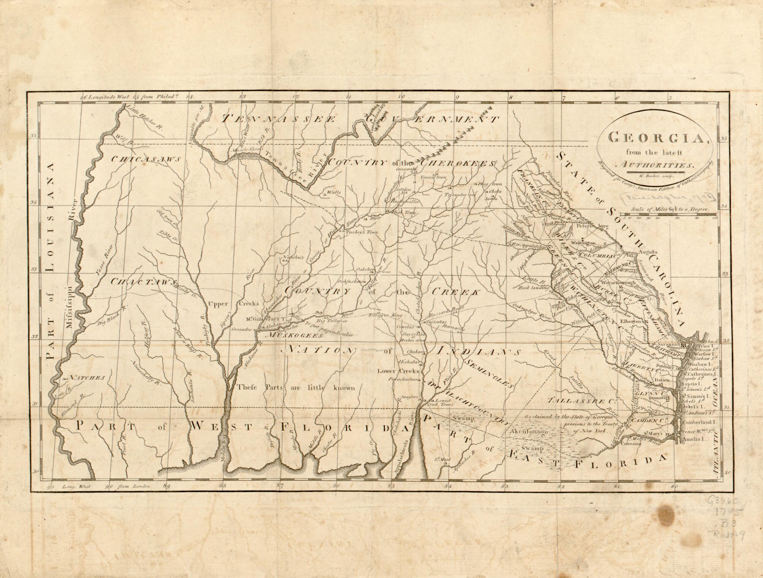 This old map of Georgia, from the Latest Authorities from 1795 was created by W. (William) Barker, Mathew Carey in 1795