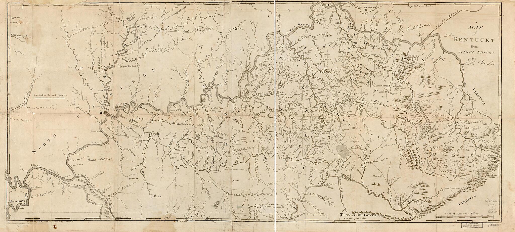 This old map of A Map of Kentucky from Actual Survey from 1793 was created by Elihu Barker, Mathew Carey in 1793