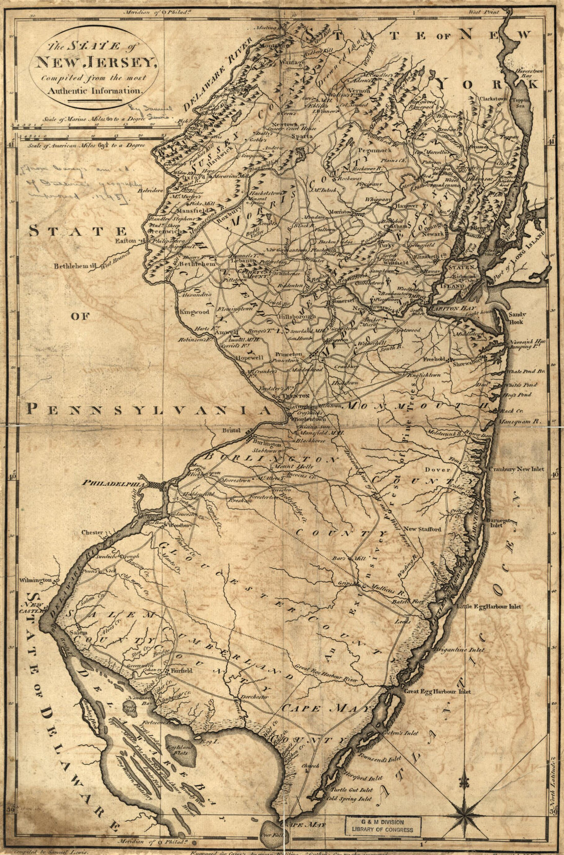 This old map of The State of New Jersey, Compiled from the Most Authentic Information from 1795 was created by W. (William) Barker, Mathew Carey, William Guthrie, Samuel Lewis in 1795