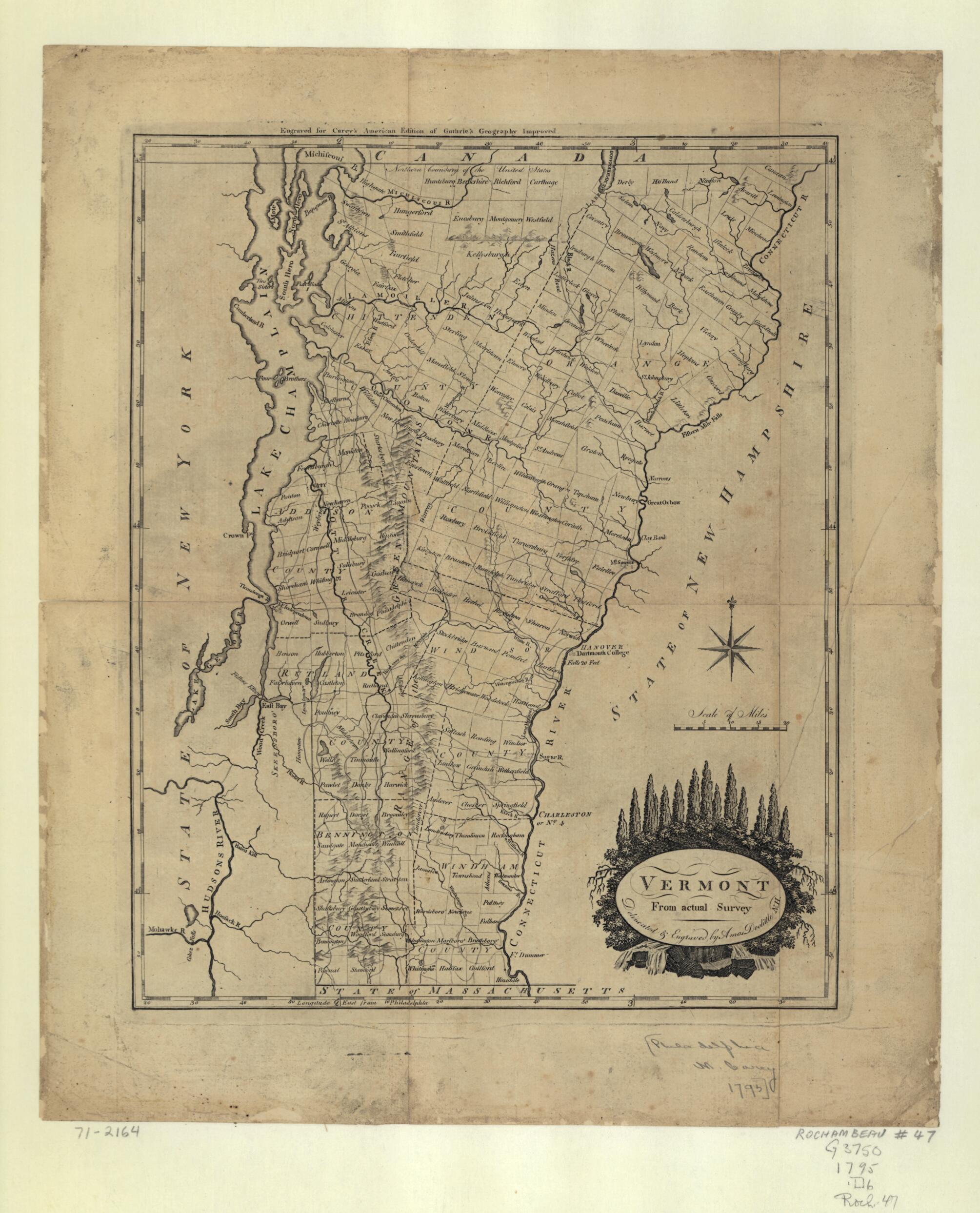 This old map of Vermont, from Actual Survey from 1795 was created by Amos Doolittle in 1795