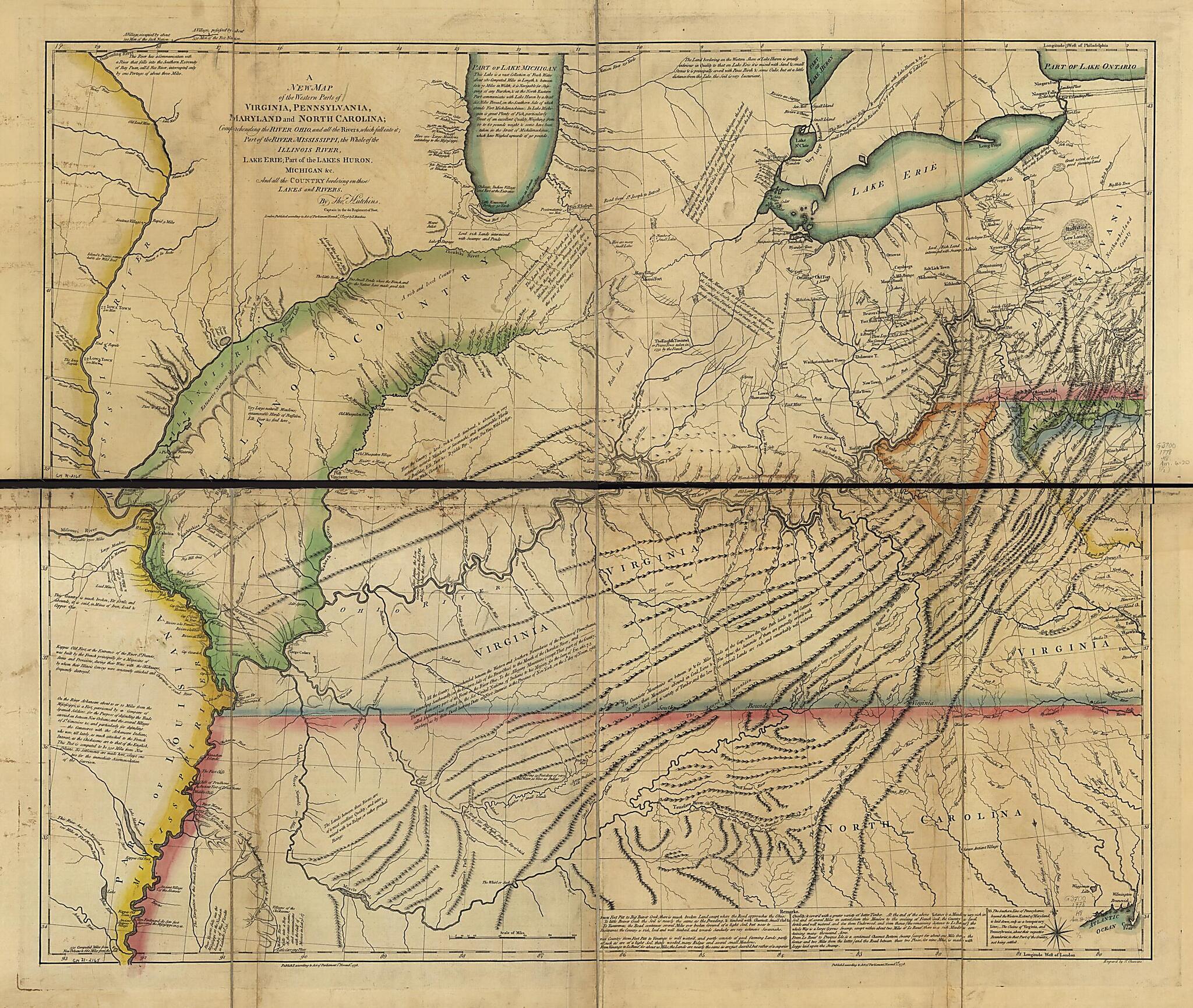 This old map of A New Map of the Western Parts of Virginia, Pennsylvania, Maryland, and North Carolina; Comprehending the River Ohio, and All the Rivers, Which Fall Into It; Part of the River Mississippi, the Whole of the Illinois River, Lake Erie; Part 