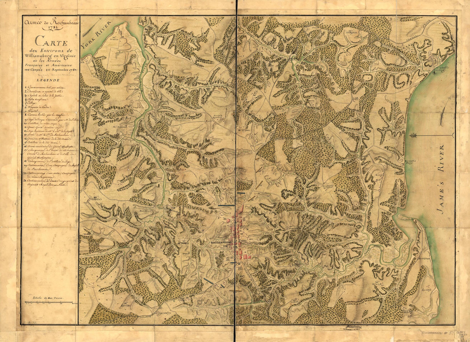 This old map of Armée De Rochambeau, from 1782. Carte Des Environs De Williamsburg En Virginie Où Les Armées Françoise Et Américaine Ont Campés En Septembre 1781 was created by Jean Nicolas Desandroüins in 1782