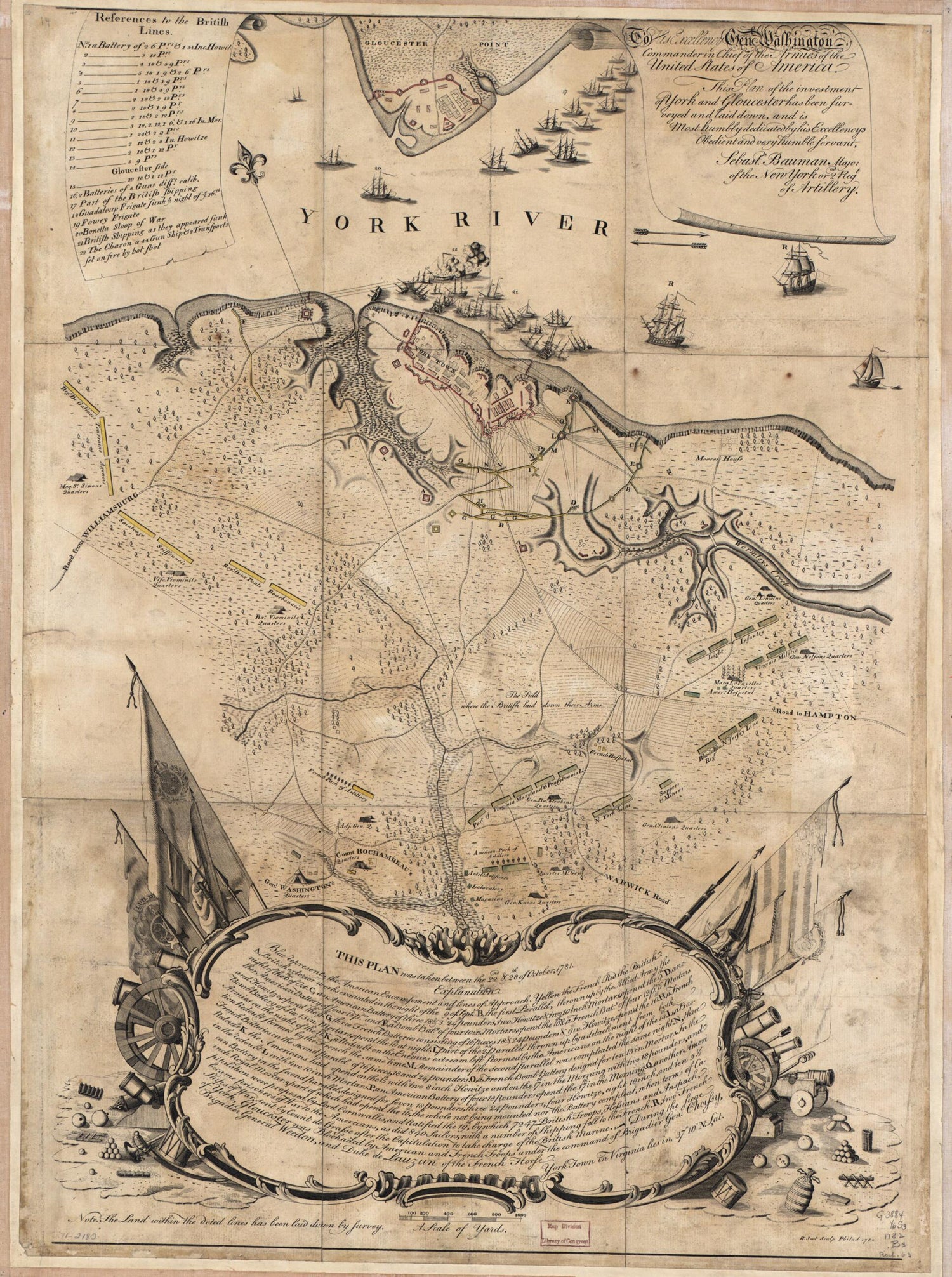This old map of To His Excellency Genl. Washington, Commander In Chief of the Armies of the United States of America, This Plan of the Investment of York and Gloucester Has Been Surveyed and Laid Down from 1782 was created by Sebastian Bauman, Robert Sco
