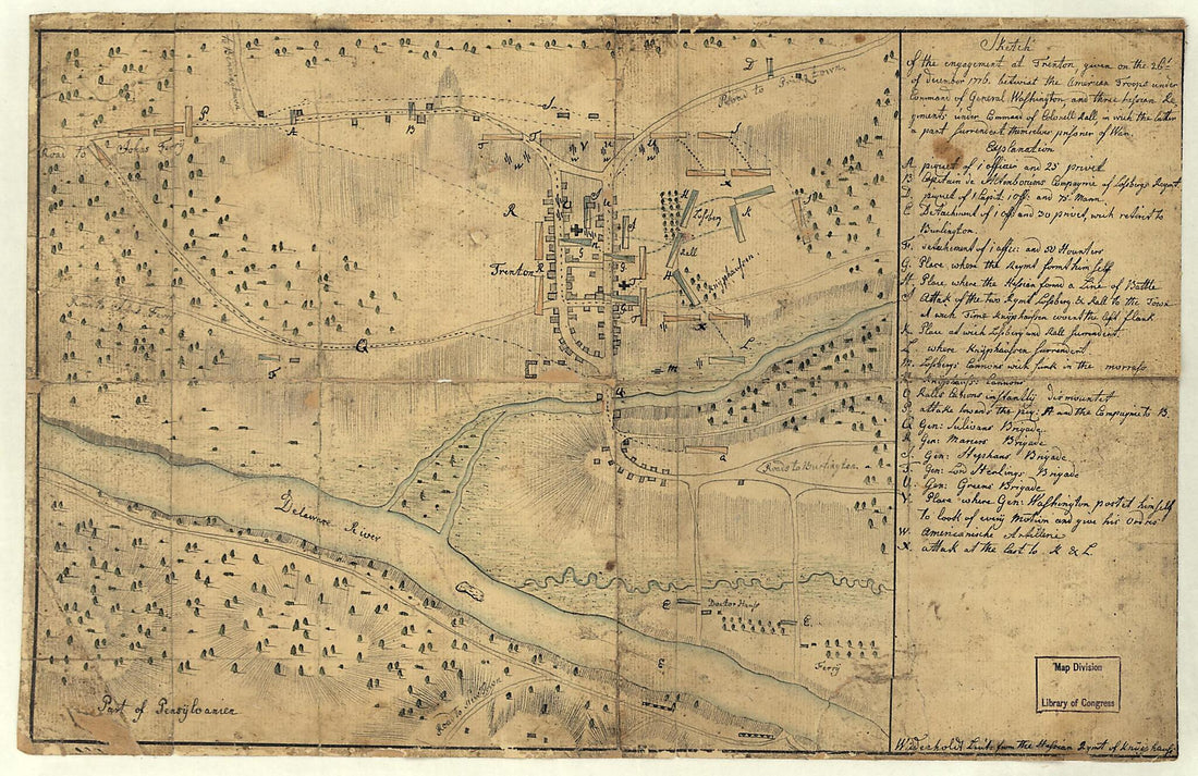 This old map of Sketch of the Engagement at Trenton, Given On the 26th of December from 1776 Betwixt the American Troops Under Command of General Washington, and Three Hessian Regiments Under Command of Colonell Rall, In Which the Latter a Part Surrender