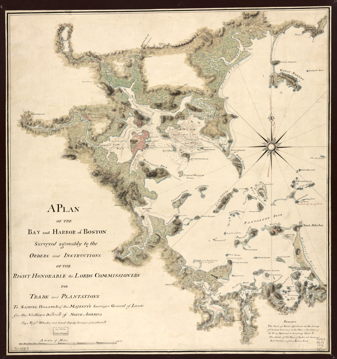 This old map of A Plan of the Bay and Harbor of Boston, Surveyed Agreeably to the Orders and Instructions of the Right Honorable the Lords Commissioners for Trade and Plantations, to Samuel Holland, Esqr., His Majesty&