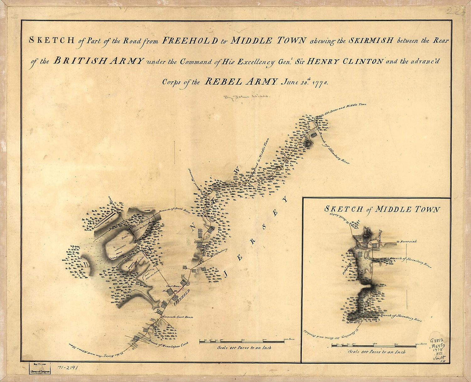 This old map of Sketch of Part of the Road from Freehold to Middle Town Shewing the Skirmish Between the Rear of the British Army Under the Command of His Excellency Genl. Sir Henry Clinton and the Advanc&