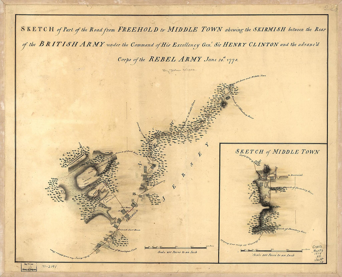 Sketch of Part of the Road from Freehold to Middle Town Shewing the Skirmish Between the Rear of the British Army Under the Command of His Excellency Genl. Sir Henry Clinton and the Advanc&