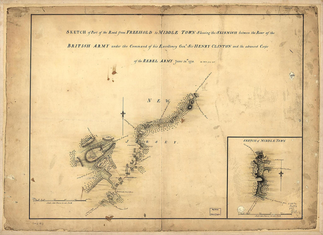 This old map of Sketch of Part of the Road from Freehold to Middle Town Shewing the Skirmish Between the Rear of the British Army Under the Command of His Excellency Genl. Sir Henry Clinton and the Advanced Corps of the Rebel Army, June 28th. from 1778. 