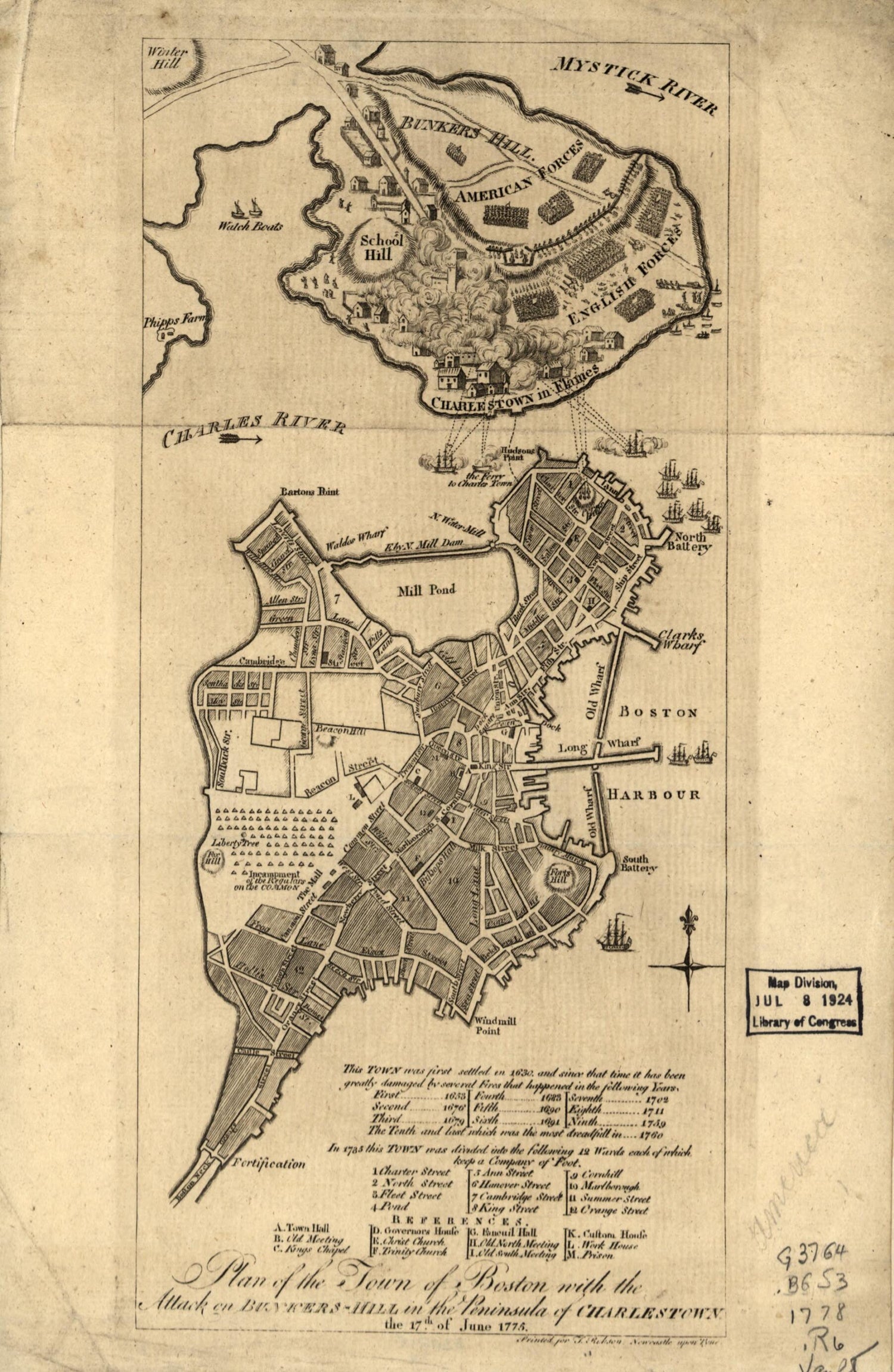 This old map of Hill In the Peninsula of Charlestown, the 17th. of June 1775 from 1778 was created by T. Robson in 1778