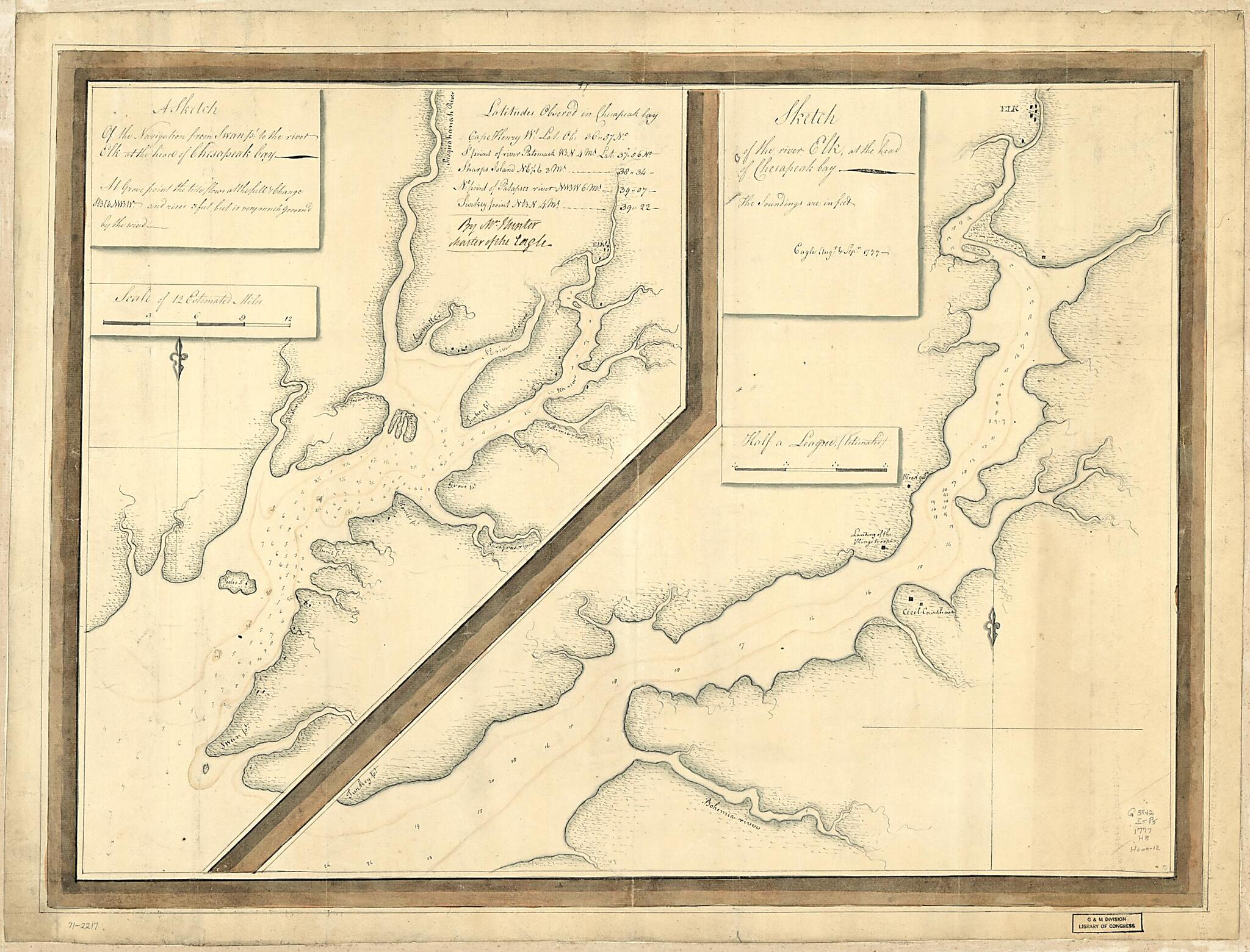This old map of A Sketch of the Navigation from Swan Pt. to the River Elk at the Head of Chesapeak Bay. Sketch of the River Elk, at the Head of Chesapeak Bay from 1777 was created by John Hunter in 1777