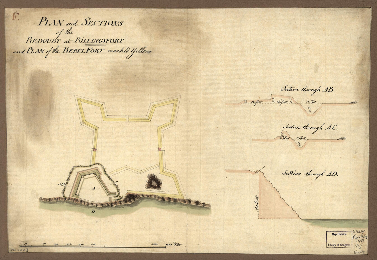 This old map of Plan and Sections of the Redoubt at Billingsfort and Plan of the Rebel Fort Marked Yellow from 1777 was created by  in 1777