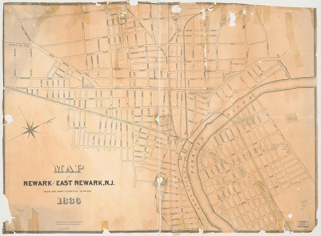 This old map of Map of Newark and East Newark, New Jersey from the Most Authentic Surveys from 1836 was created by C. B. (Curtis B.) Graham in 1836