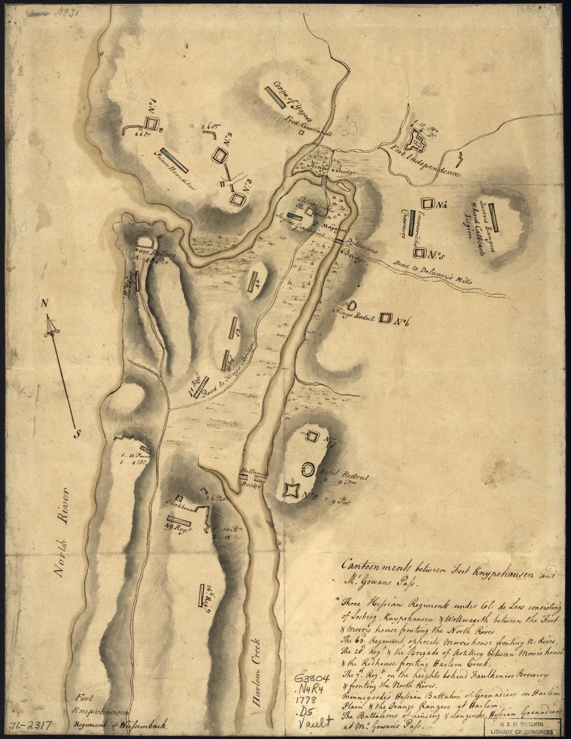 This old map of Disposition of British Troops, With Fortifications North of Fort Knipehausen, I.e. Fort Washington to Fort Independence from 1778 was created by John Montrésor in 1778