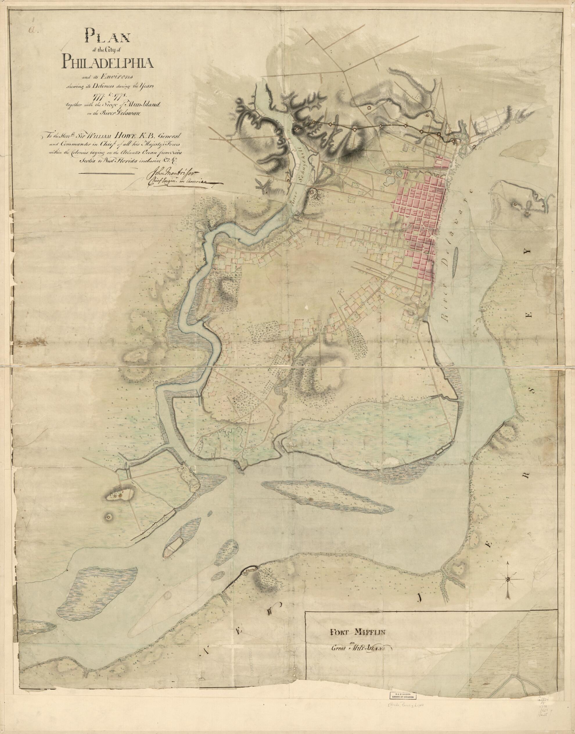 This old map of Plan of the City of Philadelphia and Its Environs Shewing Its Defences During the Years 1777 &amp; from 1778, Together With the Siege of Mud Island On the River Delaware was created by Pierre Nicole in 1778