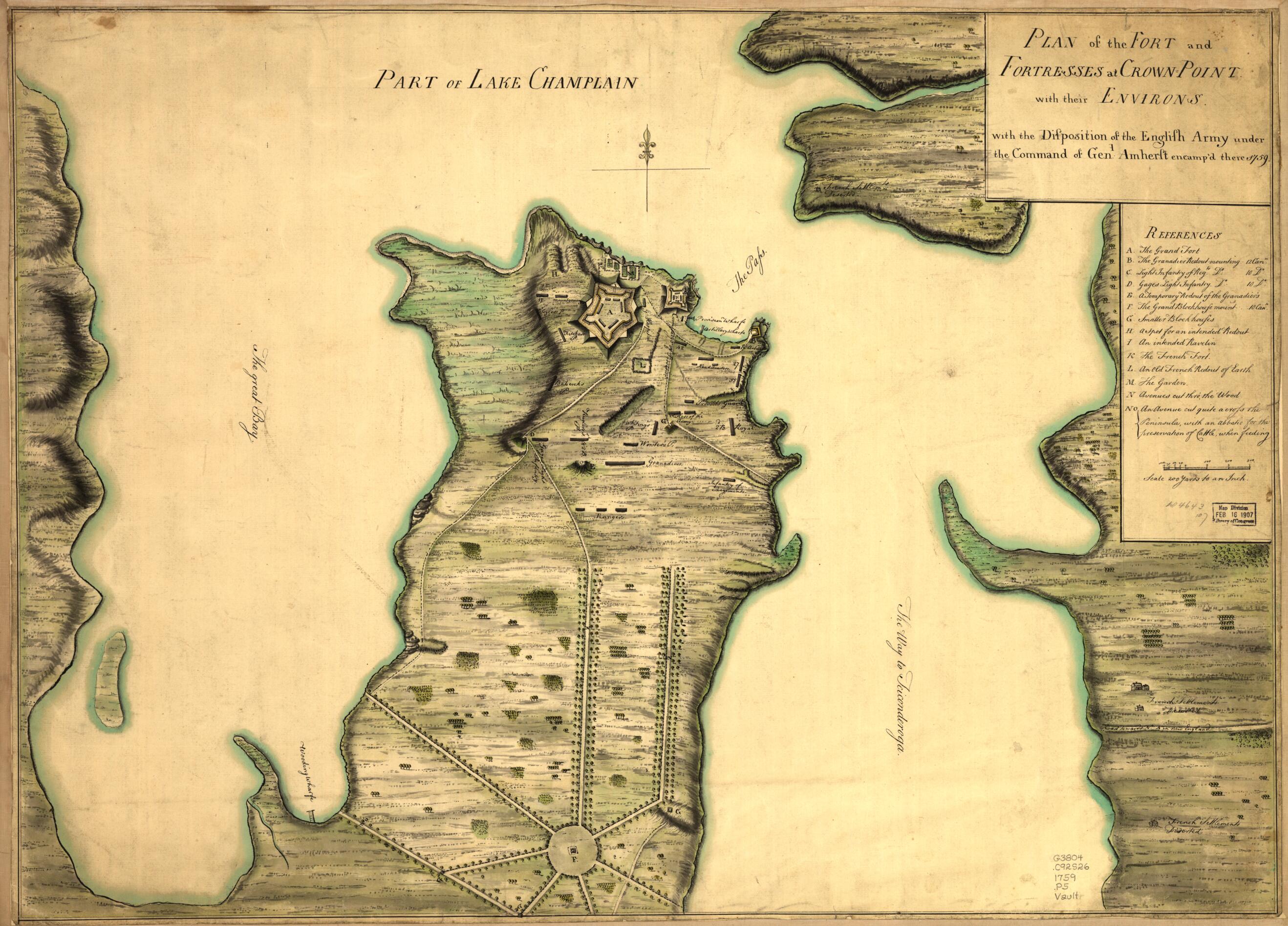 This old map of Plan of the Fort and Fortress at Crown Point With Their Environs. With the Disposition of the English Army Under the Command of Genl. Amherst Encamp&