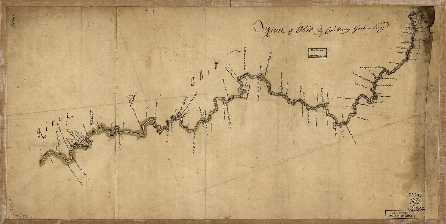 This old map of River of Ohio from 1766 was created by Harry Gordon in 1766