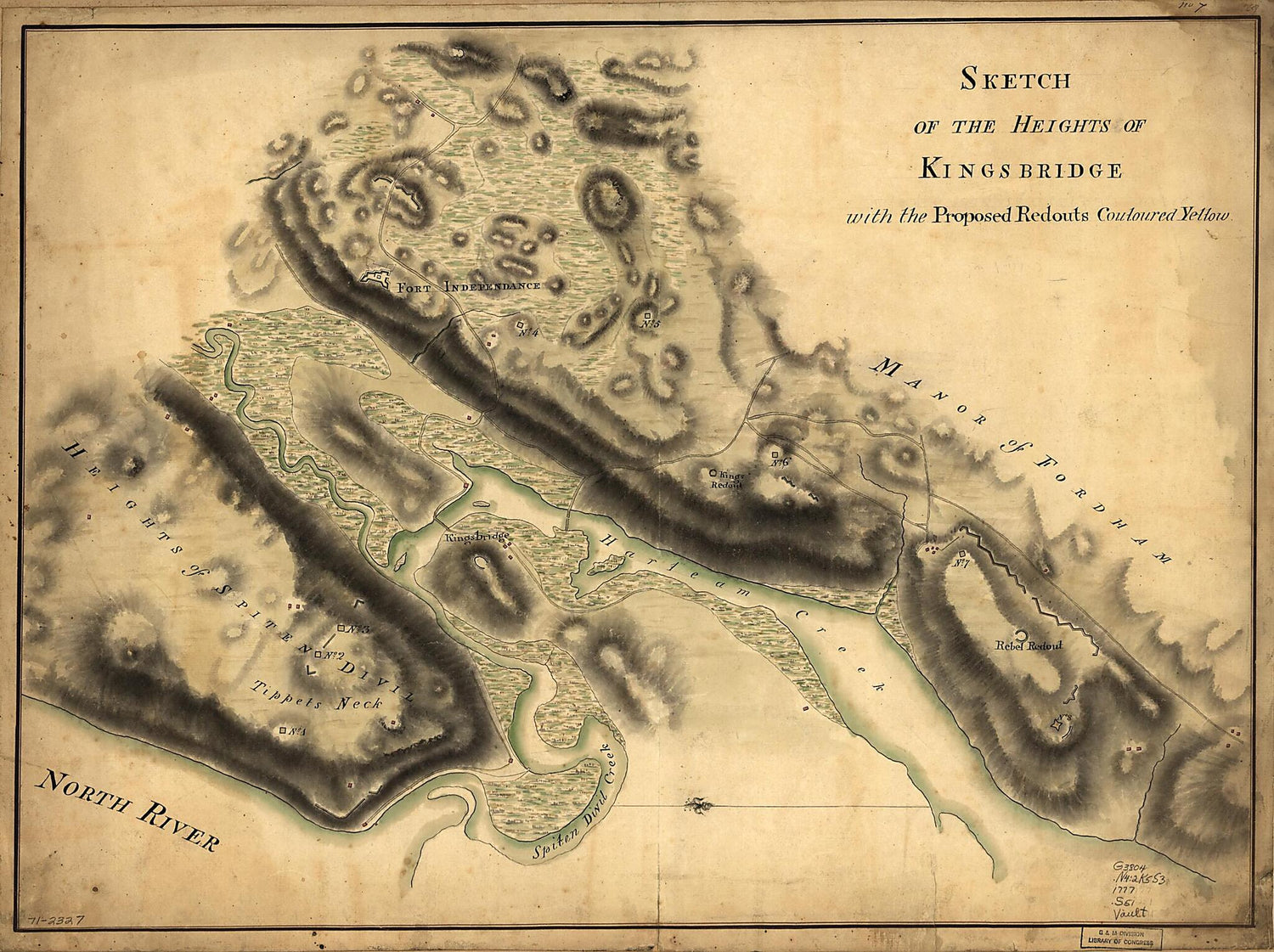 This old map of Sketch of the Heights of Kingsbridge, With the Proposed Redouts Couloured Yellow from 1777 was created by John Montrésor in 1777
