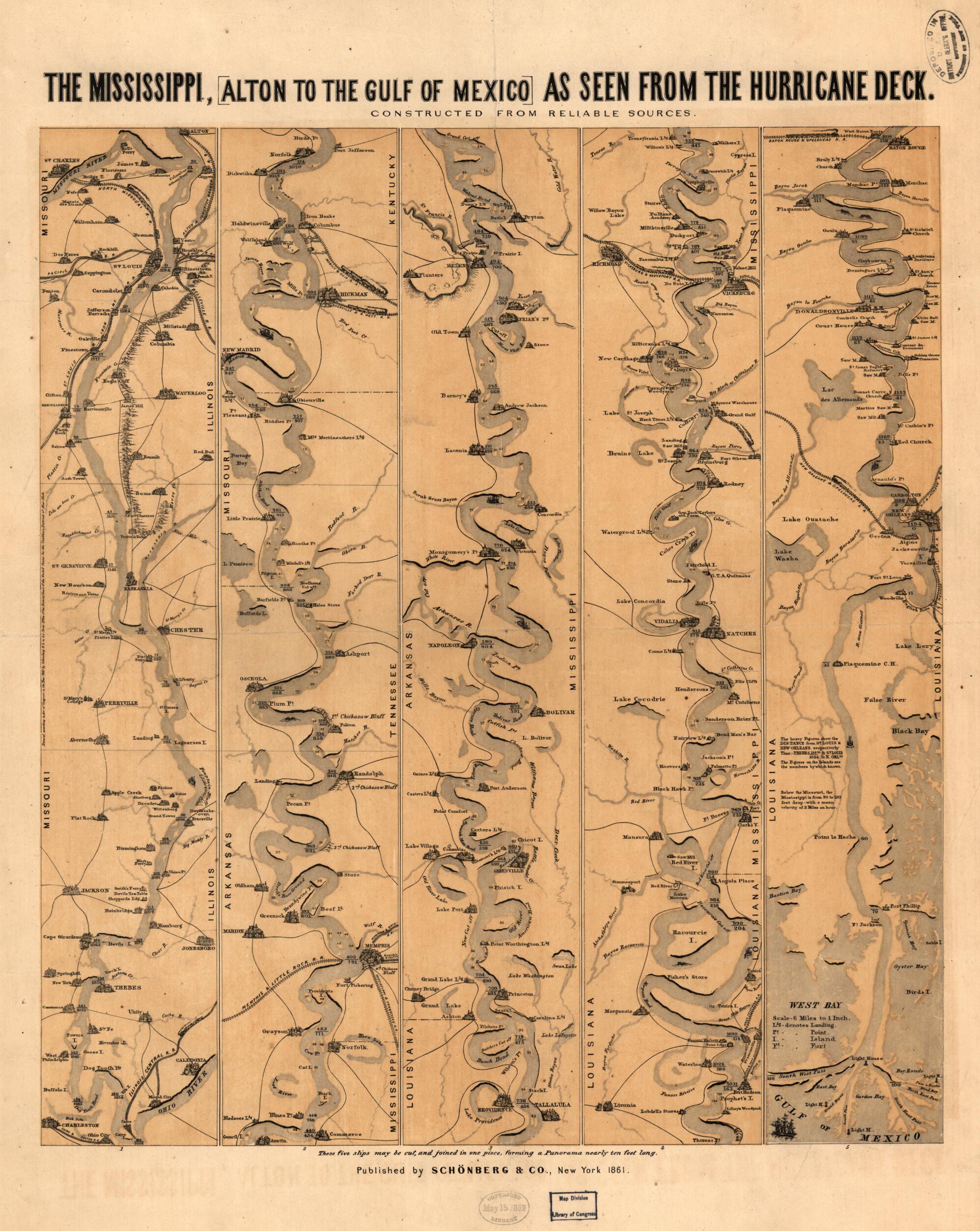 This old map of The Mississippi from 1861 was created by  Schonberg &amp; Co in 1861