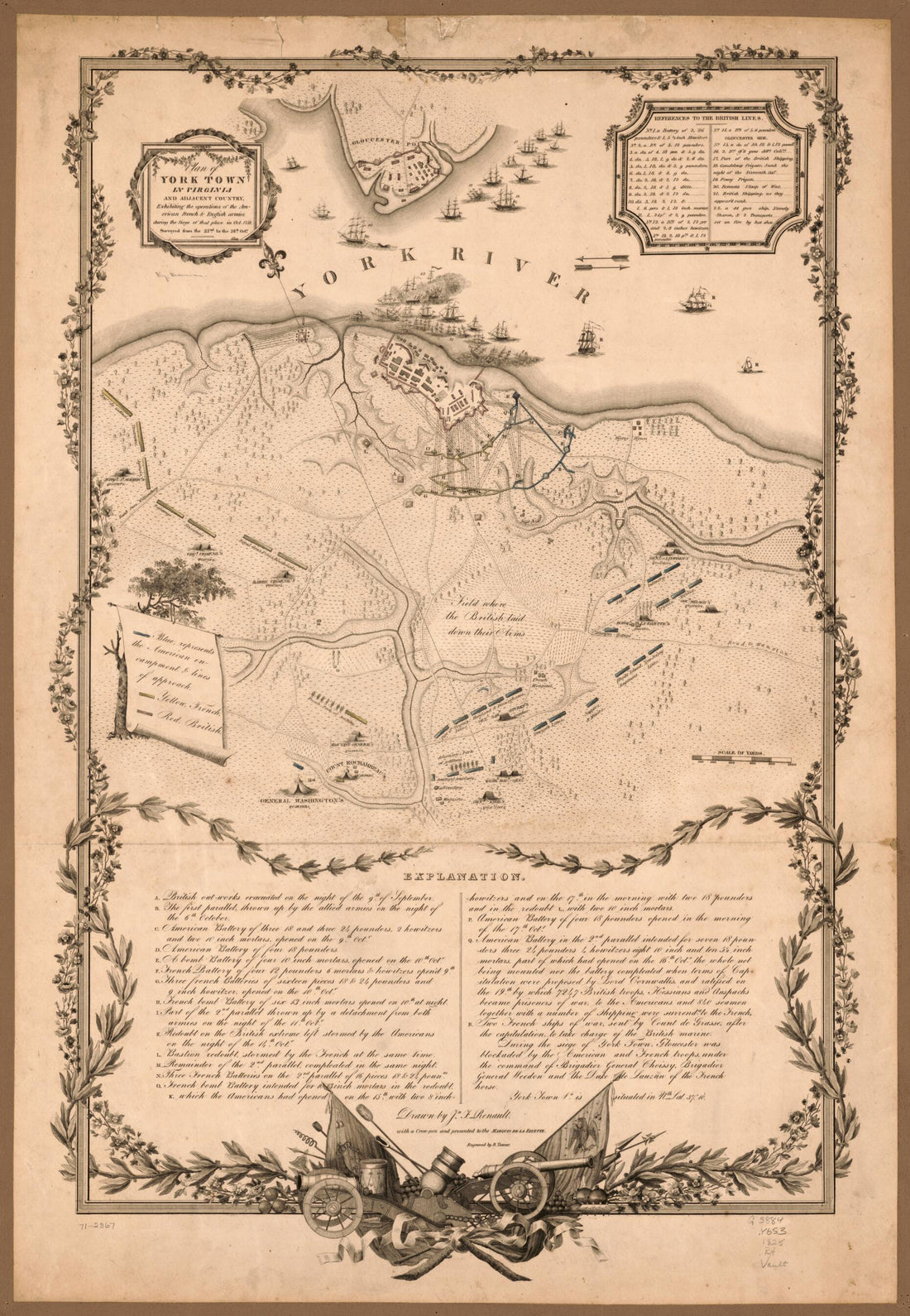 This old map of Plan of York Town In Virginia and Adjacent Country, Exhibiting the Operations of the American, French &amp; English Armies During the Siege of That Place In Oct. 1781. Surveyed from the 22nd. to the 28th. Octr from 1825 was created by John Fr