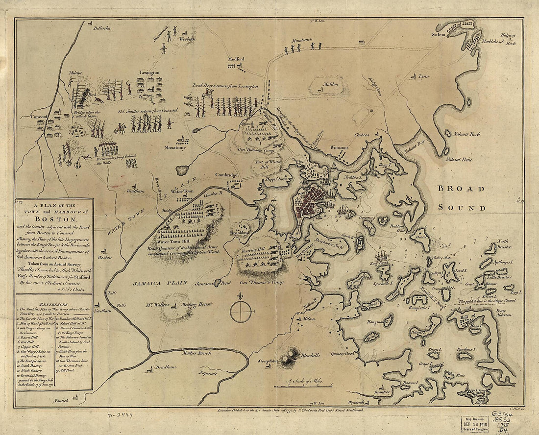 This old map of A Plan of the Town and Harbour of Boston and the Country Adjacent With the Road from Boston to Concord, Shewing the Place of the Late Engagement Between the King&