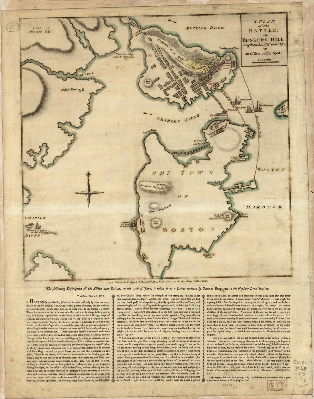 This old map of A Plan of the Battle, On Bunkers Hill Fought On the 17th of June from 1775 was created by John Burgoyne,  Robert Sayer and John Bennett (Firm) in 1775