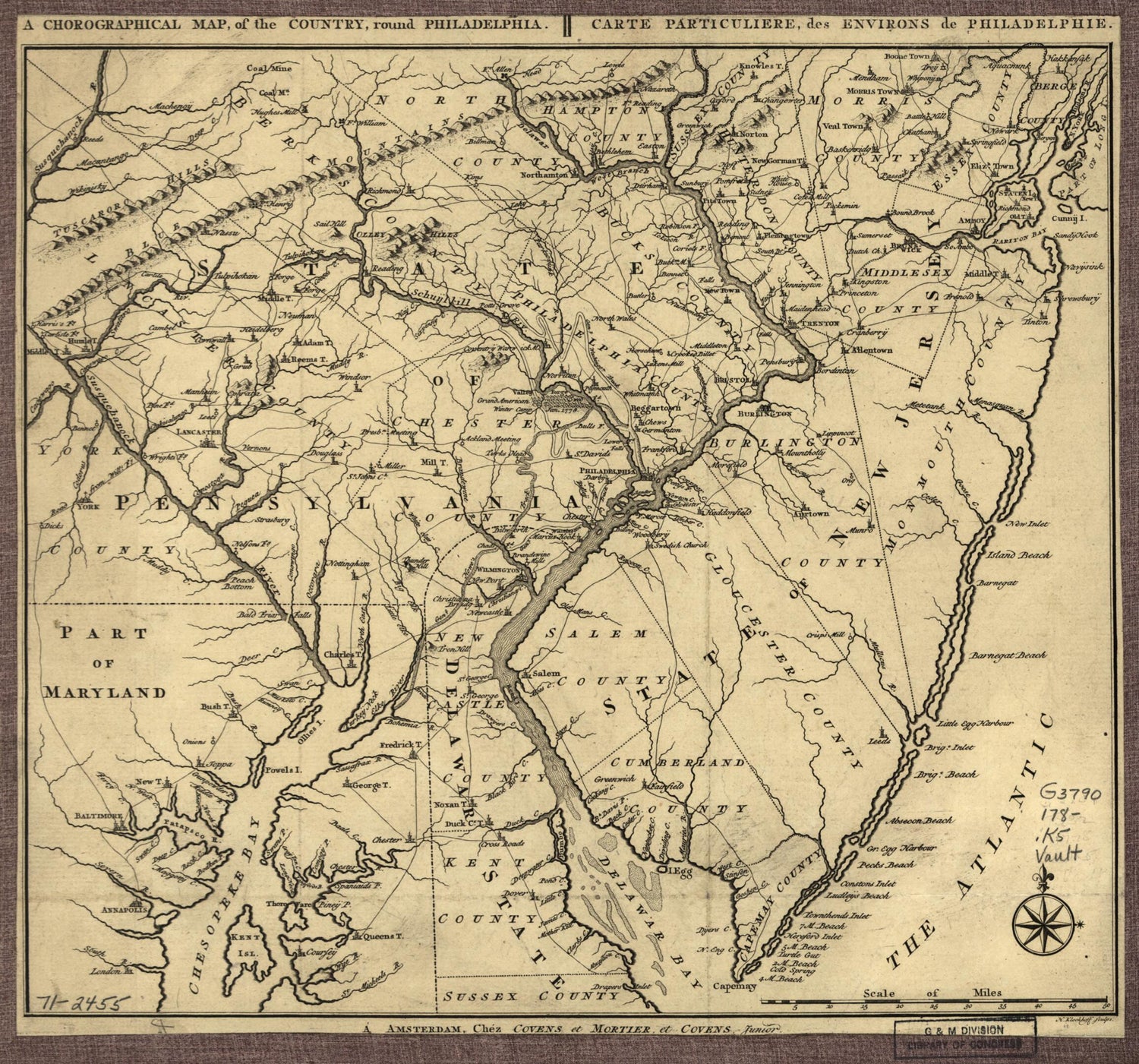 This old map of A Chorographical Map, of the Country, Round Philadelphia. Carte Particuliere, Des Environs De Philadelphie from 1780 was created by Junior Cóvens Et Mortier Et Cóvens, H. Klockhoff in 1780