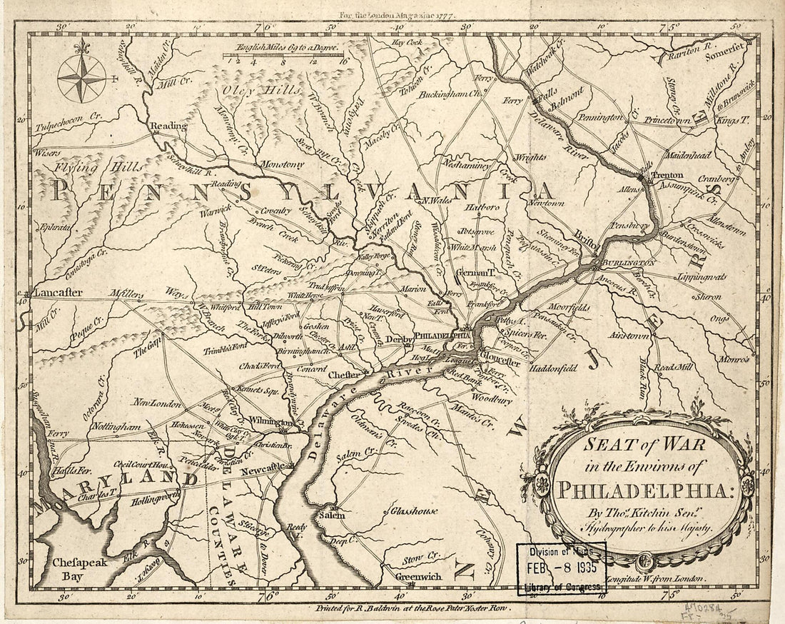 This old map of Seat of War In the Environs of Philadelphia: from 1777 was created by R. (Robert) Baldwin, Thomas Kitchin in 1777