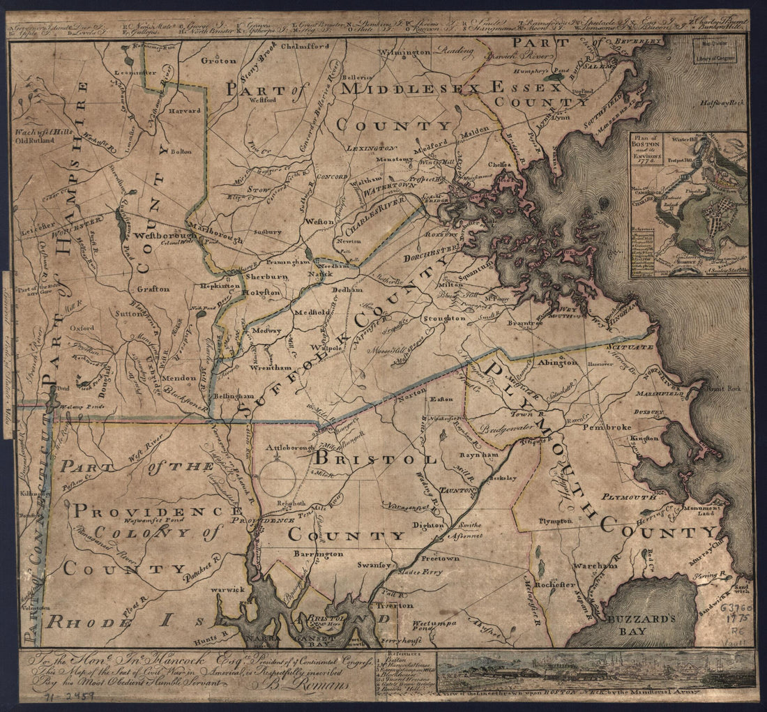 This old map of To the Hone. Jno. Hancock, Esqre. President of Ye Continental Congress, This Map of the Seat of Civil War In America, Is Respectfully Inscribed by His Most Obedient Humble Servant, B. Romans from 1775 was created by John Hancock, Bernard 